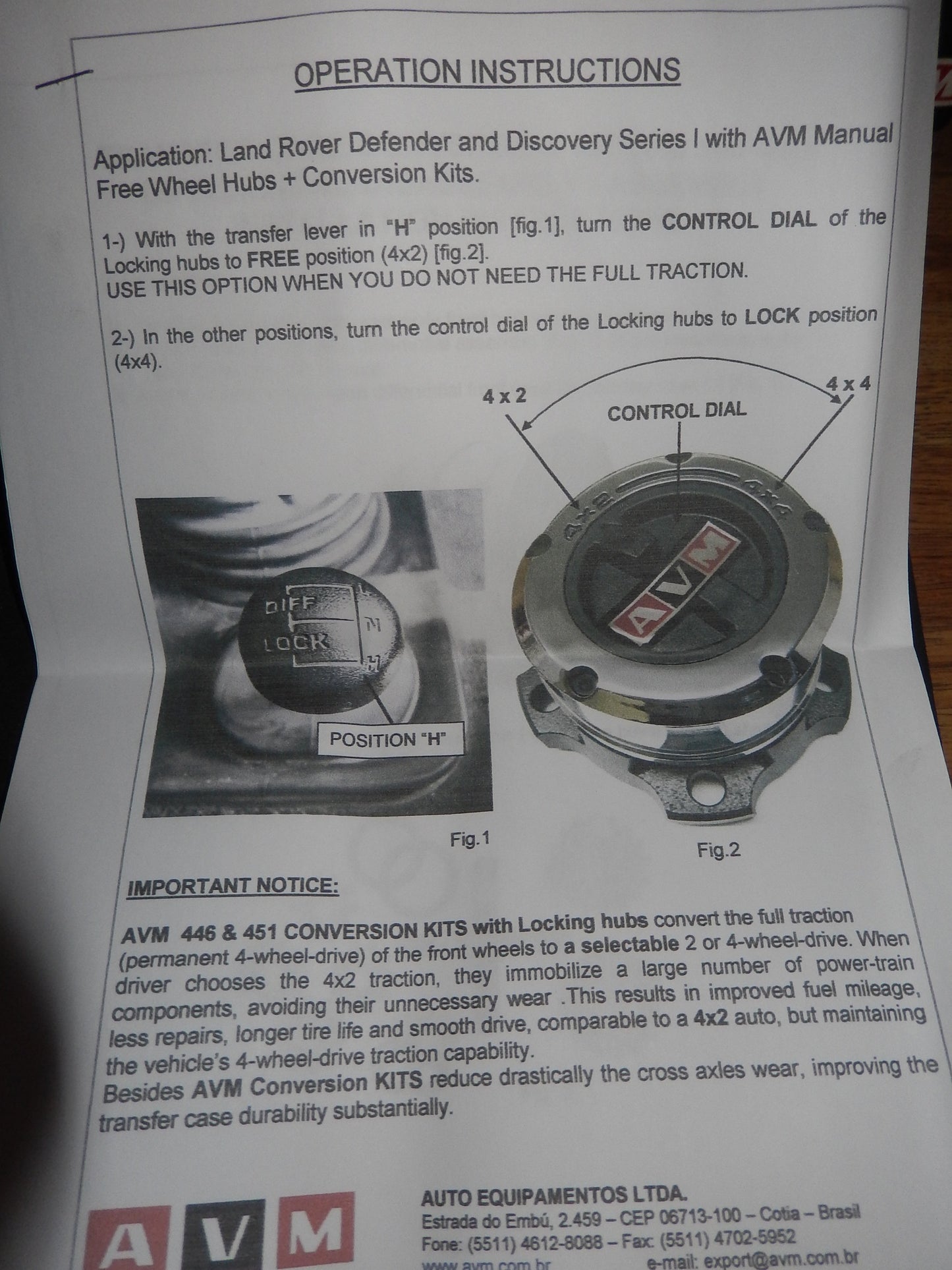 AVM 446 Locking hubs outs LAND ROVER Defender 90 110 130 LR + Conversion Kit PT